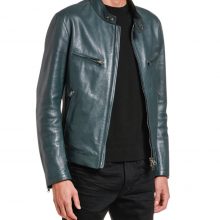 New Handmade Men's Leather Green Mandarin-Collar Biker Jacket