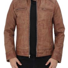 New Handmade Rib Brown Distressed Cafe Racer Leather Jacket