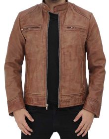 New Handmade Rib Brown Distressed Cafe Racer Leather Jacket