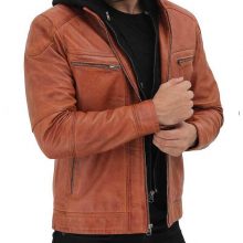 New Handmade Mens Tan Leather Biker Jacket with Hood