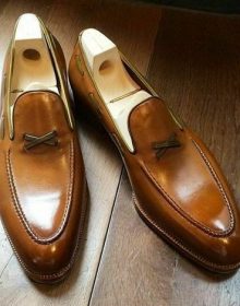 Men's Two Tone Tan Brown Loafer Slips On Formal Dress Handmade Leather Shoes