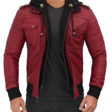 New Handmade Mens Leather Bomber Jacket with Hood
