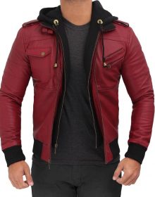 New Handmade Mens Leather Bomber Jacket with Hood