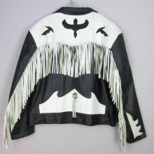 New Handmade Black White Men's Biker Motorcycle Cowboy Western Leather Fringe Jacket