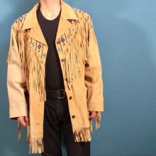 New Handmade Men's Tan Suede Leather Southwestern Fringe Jacket