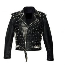 New Handmade Men Black Full Silver Studded Brando Biker Cowhide Leather Jacket