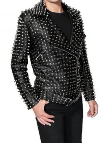 Men's Genuine Cowhide Leather Black Biker Full Silver Studded Handmade Jacket
