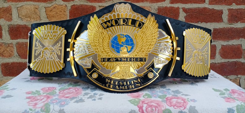 WWF WINGED EAGLE WHITE STRAP REPLICA BELT IN THICK BRASS & FLOPPY LEATHER STRAP 