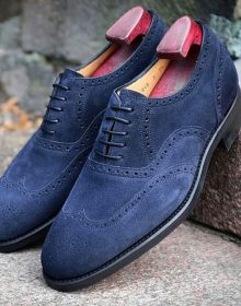 Handmade Men's Navy Blue Suede Shoes, Men's Lace up Wing Tip Brogue Formal Shoes