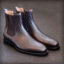 New Handmade Chocolate Brown Woven Cowhide Leather Chelsea Boots
