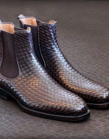 New Handmade Chocolate Brown Woven Cowhide Leather Chelsea Boots